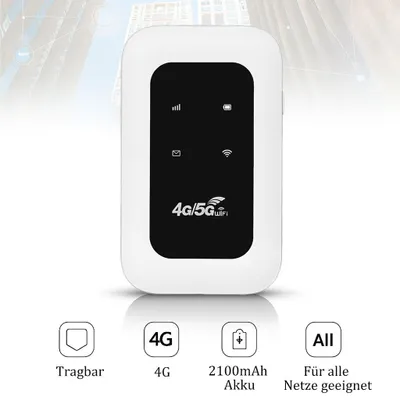 Imagen del producto de Enrutador portátil 4G WLAN AIORBER, punto de acceso, hasta 10 dispositivos, batería de 2100mAh, 150 Mbps, compatible con tarjeta SIM, para coche y viajes, color blanco