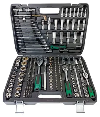 Image de Jeu d'outils de 216 pièces - Clés à douille - Clé à cliquet à 24 dents - 6,35–12,7 mm - Pour métal - Réparations automobiles et de motos - Coffret de rangement