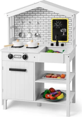 Produktbild von Costway Spielküche Holz Weiß Bauernhaus-Look, 58.5x33x90 cm, für Kinder ab 3 Jahren, inkl. Wasserhahn, Spüle, 1 Schrank, 2 offenen Regalen, 3 Haken, abgerundete Ecken und Klick-Geräusch-Knöpfe