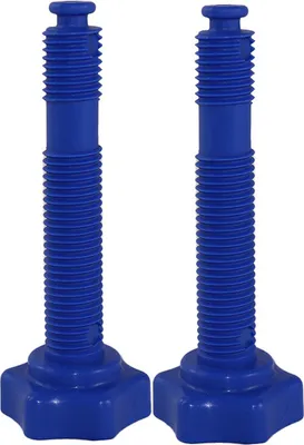 Two blue plastic bolt-like objects with star-shaped bases are shown against a white background.