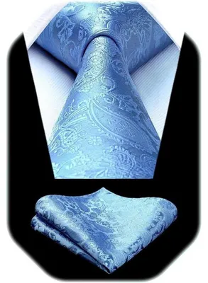 Produktbild von Herren Krawatten und Einstecktuch Set Paisley Einfarbig Babyblau Einheitsgröße