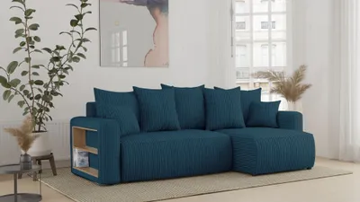 Zdjęcie produktu dla Sofa narożna z funkcją spania i podstawą łóżka SOLERO - sofa w kształcie litery L, sofa narożna, sofa rozkładana ze schowkiem, sofa z funkcją spania niebieska otomana prawa
