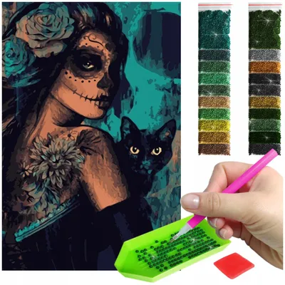 Produktbild von ARTULIO - Diamond Painting Set - Porträt einer Frau mit schwarzer Katze - 60 x 40 cm - Groß XXL - 5D Diamant Painting, Home Wand Deko