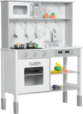 Produktbild von AIYAPLAY Kinderküche Spielküche mit Elektroherd, Mikrowelle, Spüle & Wasserhahn, Höhenverstellbar Puppenküche mit Kochgeschirrset, Rollenspielküchenzubehör für 3-8 Jahre Kinder, Weiß