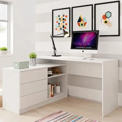 Produktbild von Schreibtisch Computertisch KAJA 138 cm Weiß Matt Universal Montierbar 3 Schubladen Offene Fächer Büro Home-Office
