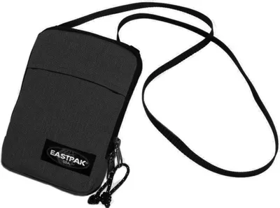 A black Eastpak shoulder bag with a strap is shown against a white background.