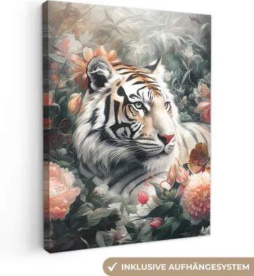 Obrázek produktu pro OneMillionCanvasses® - Plátno - Tygr - Divoká zvířata - Květiny - Džungle, nástěnná malba, nástěnné dekorace obrázky do obývacího pokoje, 90x120cm