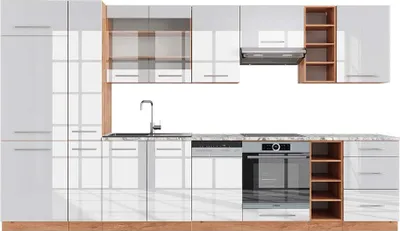 Produktbild von Küchenzeile Vicco Fame-Line Weiß Hochglanz/Goldkraft Eiche 355 cm , AP Marmor, Model 49307
