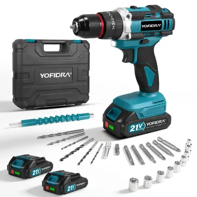 Image de Perceuse-visseuse sans fil 60 Nm Visseuse sans fil Perceuse à percussion 2 vitesses 25+3 niveaux de couple avec 2 batteries et 24 accessoires, coffret pour projets de bricolage à la maison