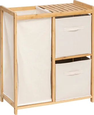 A bamboo laundry hamper with two fabric drawers.
