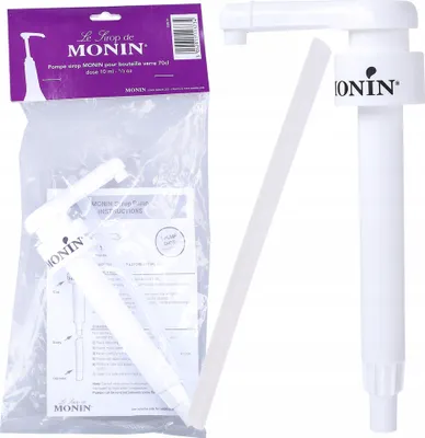 A Monin syrup pump and its packaging are displayed against a white background.