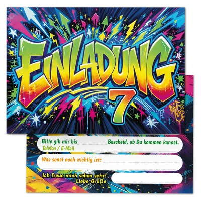 12 Einladungskarten zum 7. Kindergeburtstag, Graffiti-Design, bunt