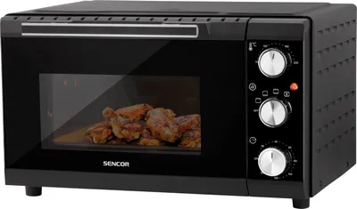 Obrázek produktu pro SENCOR SEO 2000BK Elektrická trouba, objem 20 litrů, příkon: 1 350–1 650 W, plynulá regulace teploty v rozsahu 70–230 °C, 120minutový časový spínač