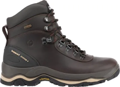 A single brown leather hiking boot is shown against a white background.