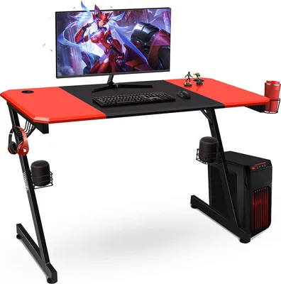 Produktbild von Z-förmiger Computertisch 120x60cm, Gaming Tisch mit Becherhalter / Kopfhörerhaken / 2 Boxenständern, Schreibtisch für Zuhause & Büro (Schwarz)