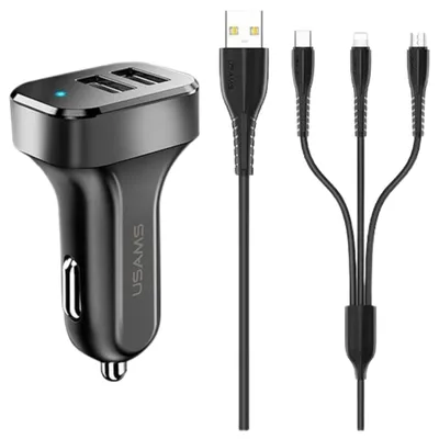 Immagine prodotto di Usams Ład. Auto. 2Xusb C13 2,1A 3W1(Microusb/Usb-C/Lightning) Nero/Nero Ntu35Ytsc13Tz