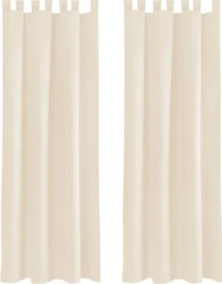 Two beige curtains hanging side-by-side against a white background.