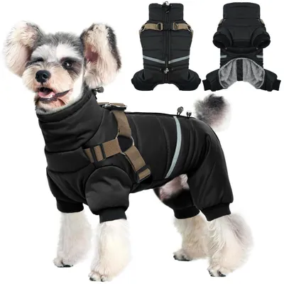 Produktbild von Wasserdichter Hundemantel mit Geschirr, Winterjacke für kleine bis große Hunde, reflektierend, Reißverschluss, Schwarz S-XL