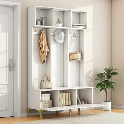 Produktbild von Garderobenset mit Bank, multifunktionale Aufbewahrungsbank, offene Aufbewahrung,6 goldene Haken und Füße, für Flur, Wohnzimmer