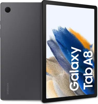A Samsung Galaxy Tab A8 tablet is shown from the front and back.