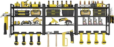 Produktbild von Wandregal Metall 120cm XL Garage Werkstatt Organizer 12 Steckplätze Akkuschrauber Halterung mit 4 Bohrhaltern
