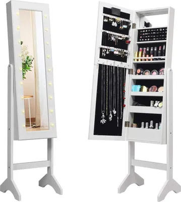 Produktbild von COSTWAY 18 LED šperkovnica s nastaviteľným sklonom, polička na šperky so zrkadlom na celé telo a malým zrkadlom na líčenie, šperkovnica so zrkadlom na líčenie (biela)