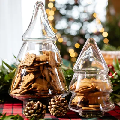 Produktbild von HOMLA Tinsel Lametta Weihnachtsbaum - Förmige Dekoration und Süßigkeiten - Aufbewahrungsdose - Behälter für Süßigkeiten und Lebkuchen - 100 % Transparentes Glas 26 x 16 cm