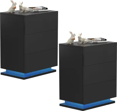 Produktbild von 2x LED Nachttisch mit 3 Schubladen,Schwarz Hochglanz Nachtkommode Kommode Nachttisch,Beistelltisch Sofatisch für Wohnzimmer, Schlafzimmer 50x35x68cm