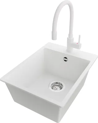Produktbild von PRIMAGRAN Granitspüle Weiß 38x50cm, Spülbecken 1 Becken + Küchenarmatur 38x14cm + Ablauf-Set, Küchenspüle ab 40er Unterschrank - Riga