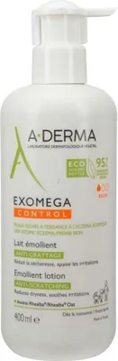 A white pump bottle of A-Derma Exomega Control Emollient Lotion.