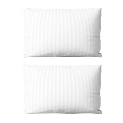 Two white striped pillowcases are stacked on a white background.