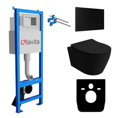 Produktbild von Lavita LAV 101 Vorwandelement für WC 40cm + Wand Hänge Tiefspül WC PRAIA Schwarz Spülrandlos + Bedienplatte LAV 200.3.4 Schwarz | Komplettset | Unterputz Spülkasten | Toilette Komplett Sett