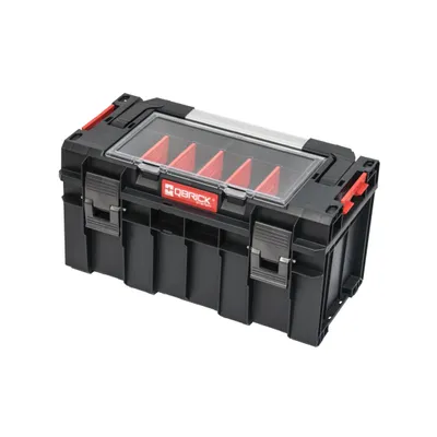 A black tool case with a clear lid and red dividers, shown against a white background.