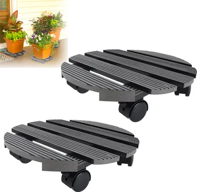Produktbild von LZQ 2 Stück WPC Pflanzenroller ø30 cm 100 kg Tragkraft, Rollbrett Pflanzen, Blumenroller für außen & innen, Witterungsbestaendig, mit Rollen, Rund, Anthrazit