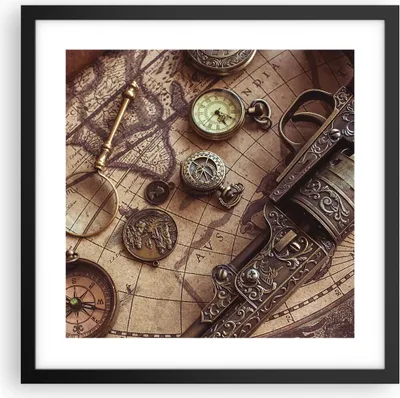 Produktbild von Gerahmtes Poster - Schwarzer Rahmen - Kartographie Vintage Kompass - 40x40 cm - Wand Bild - Wanddeko - Wandbilder - Kunstposter - Wandposter - Bilderrahmen - Bilder - Kunstdruck - P2BAC40x40-4582