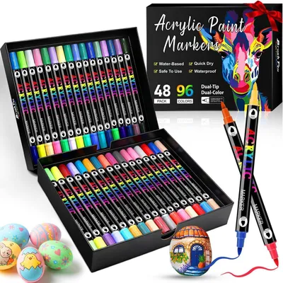 Zdjęcie produktu dla Zestaw markerów akrylowych, 96 kolorów, wodoodpornych, z podwójną końcówką (0,5-5 mm), do malowania na kamieniach, drewnie, szkle, ceramice, do projektów DIY