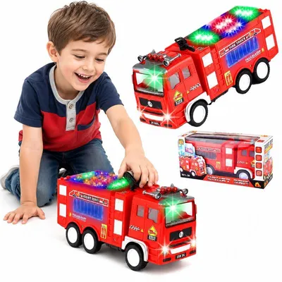 Imagen del producto de Coche de bomberos interactivo de 20 cm con luces LED, sirena, movimiento automático, sistema de frenado ABS seguro y alimentado por 3 pilas AA