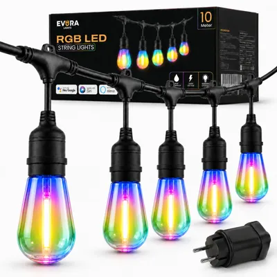 Produktbild von Evura Goods RGB Lichterkette Außen 10 Meter – Erweiterbar – 15 Smart LED Lampen – Multicolor Gartenbeleuchtung – Wetterfest