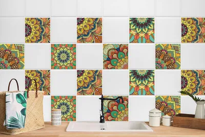 Produktbild von 24 Stück Laminierter Sticker Selbstklebende Wandaufkleber Für Bad Küche Bunte Fliesen 20 x 20 cm