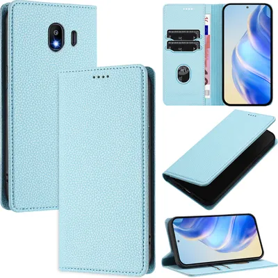 Produktbild von Litchi Leder Handyhülle für Samsung Galaxy J4 2018 Wallet Kartenfächer Standfunktion Hülle Hellblau