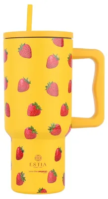 Obrázok produktu pre Estia | Termoska – pohár – izolovaný pohár so slamkou – žlto-červený – 900 ml – vzor s jahodami