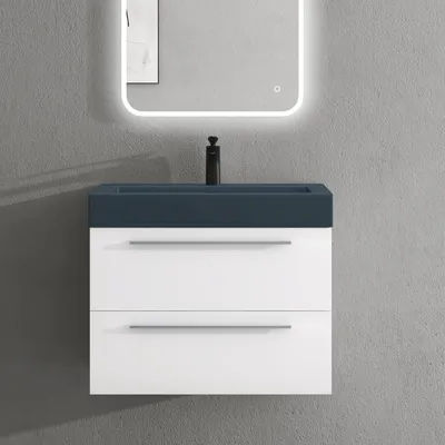 Produktbild von doporro Badmöbel-Set Waschbeckenunterschrank mit Soft-Close in Matt Weiß 73x48x60cm Quadratto Waschplatz komplett Set inkl. Mineralguss-Waschbecken in matt Anthrazit
