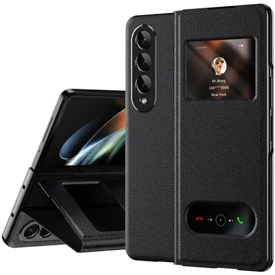 Immagine prodotto di Custodia sottile in pelle flip per Samsung Galaxy Z Fold 4 5G, con finestra di visualizzazione e funzione stand Lychee nero
