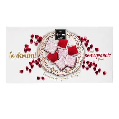 Attika Loukoumi Granatapfel 280 g Packung auf rein weißem Grund