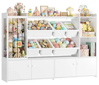 Produktbild von Kinder Bücherregal Spielzeugregal - Spielzeug Aufbewahrungsregal - Holz mit 8 herausnehmbaren Boxen - 137,3x28x94 cm - Für Kinderzimmer Wohnzimmer Schlafzimmer - Weiß