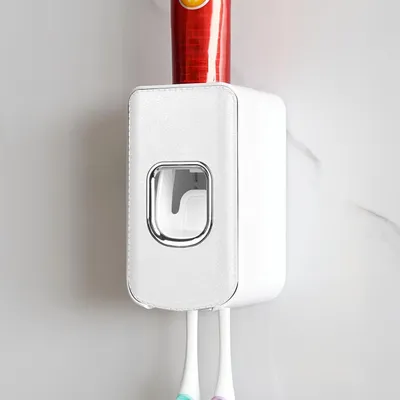 Produktbild von Zahnbürstenhalter mit 2 Schlitzen und wandmontiertem Zahnpastaspender, Weiß