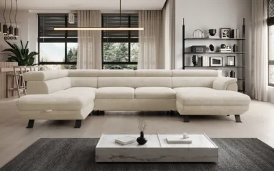 Zdjęcie produktu dla DomoHome ECKSOFA RAVEN XL - Narożnik z funkcją spania z wysuwanym łóżkiem, regulowane zagłówki, pojemnik na pościel, duża sofa 334x198x162 cm lewa strona perła