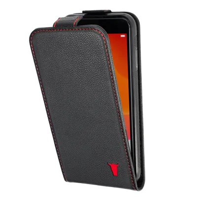A black leather flip case for a smartphone, with red stitching and a red bull logo.