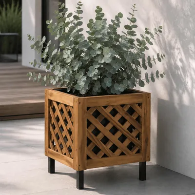 Immagine prodotto di Fioriera HWC-P86, vaso per fiori e piante, per interni ed esterni, in legno di acacia  MVG, 42x34x34 cm ~ marrone