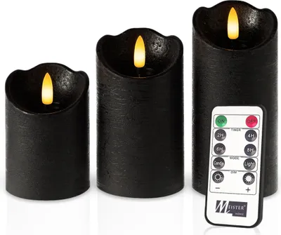 Produktbild von Meisterhome® LED Stumpenkerzen 3er-Set - LED Kerzen – Flammenlose Kerzen Rustik - Schwarz  – Warmweißes flackerndes Licht – Mit Fernbedienung & Timer